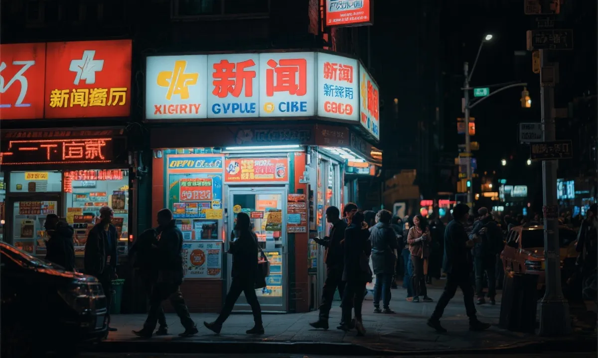 夜色中的城市彩票店与路人，充满生活气息的街头场景